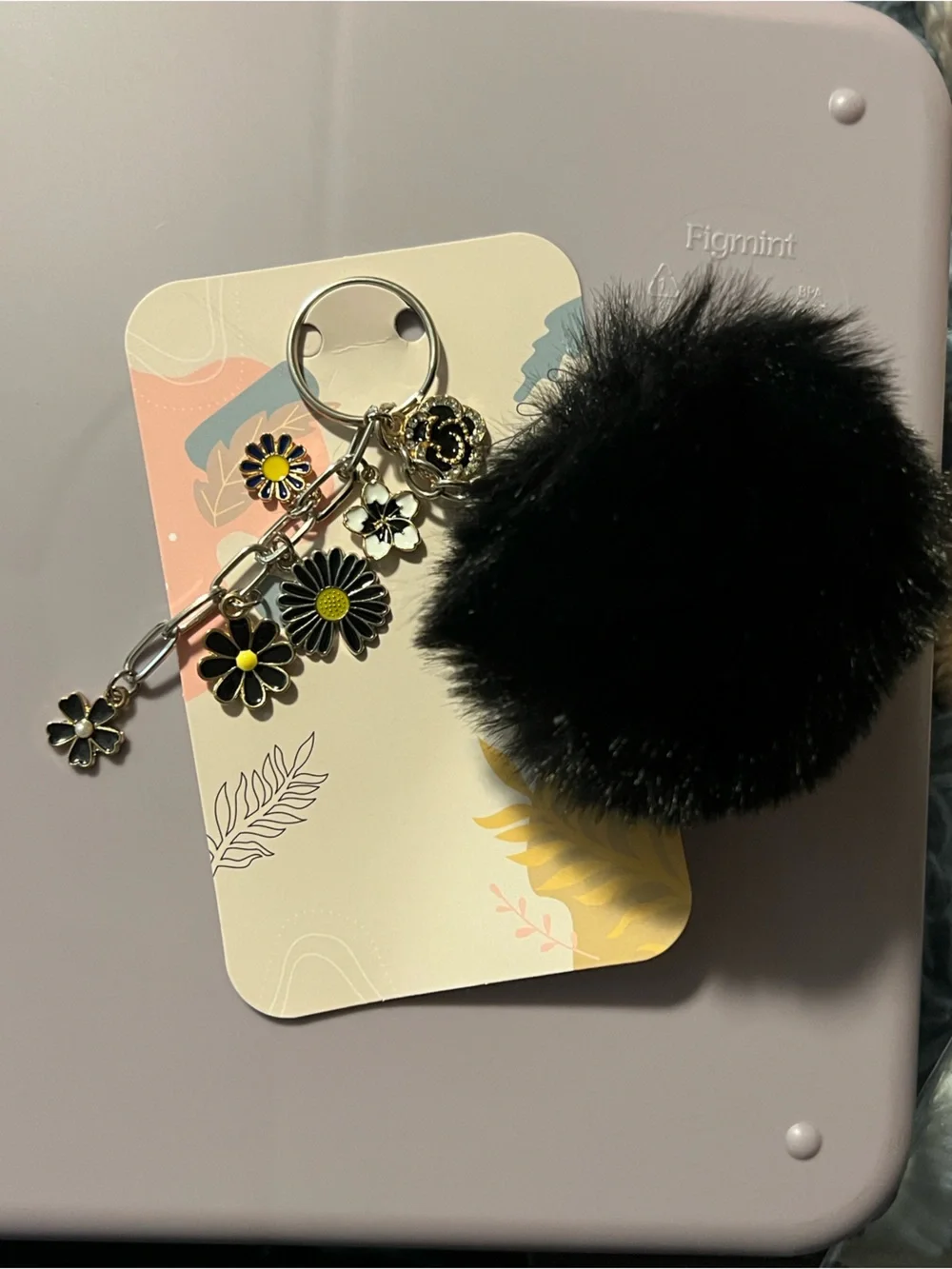 Hand Crafted Black Faux Fur Pom Pom Key & Card Holder with Daisy Charms